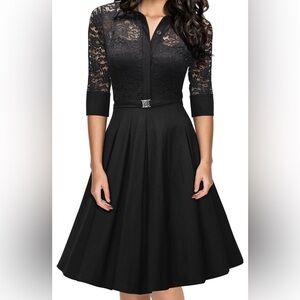 Retro / Vintage 1950s Style 3/4 Sleeve Black Lace Dress